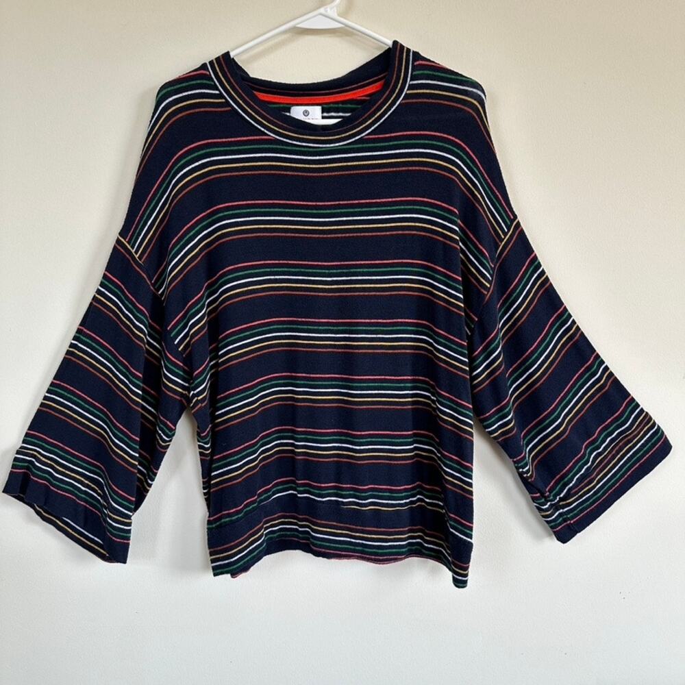 Sundry Oversized Drop Shoulder Striped Top Womens Navy Rainbow Knit SMALL